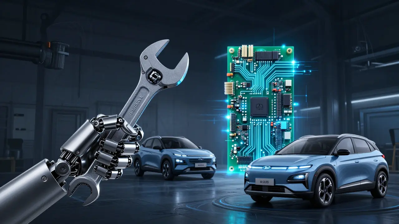 Symbolický obraz mechanika s klíčem a elektronickou deskou, znázorňující přechod k moderní diagnostice.