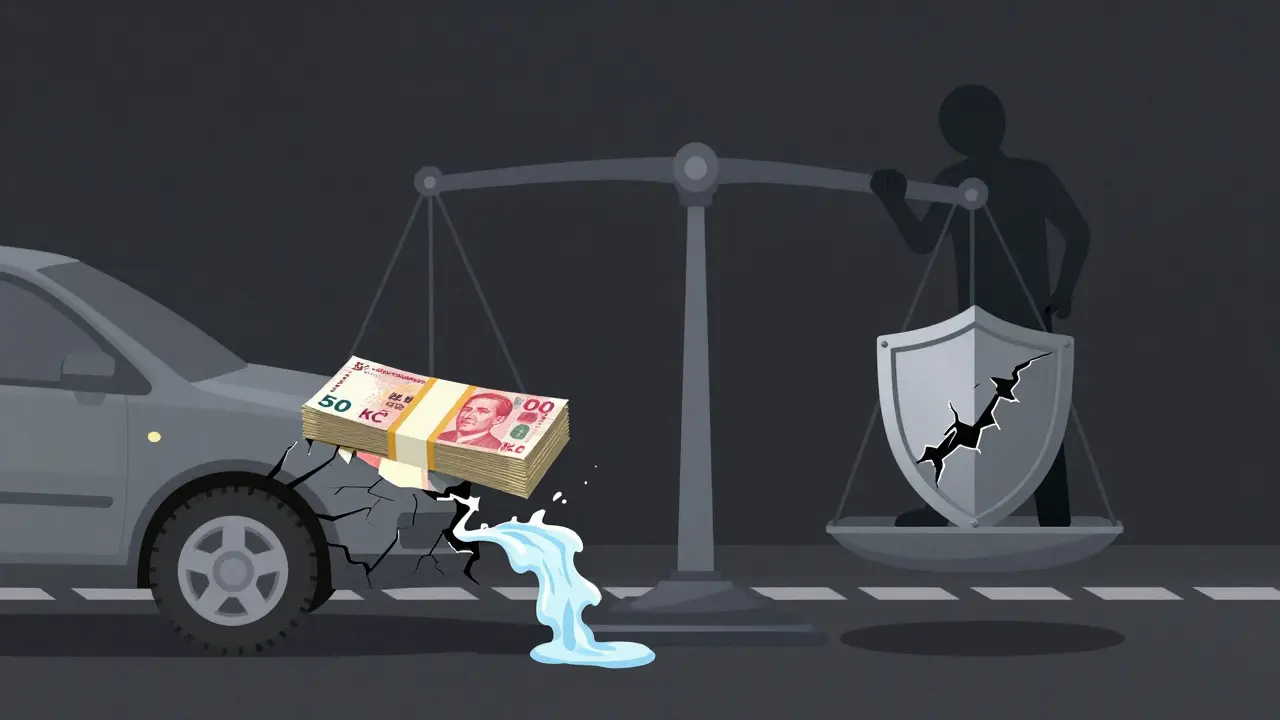 Symbolický obrázek auta s vadami, které se mění v finanční pokuty a ztrátu bezpečnosti.