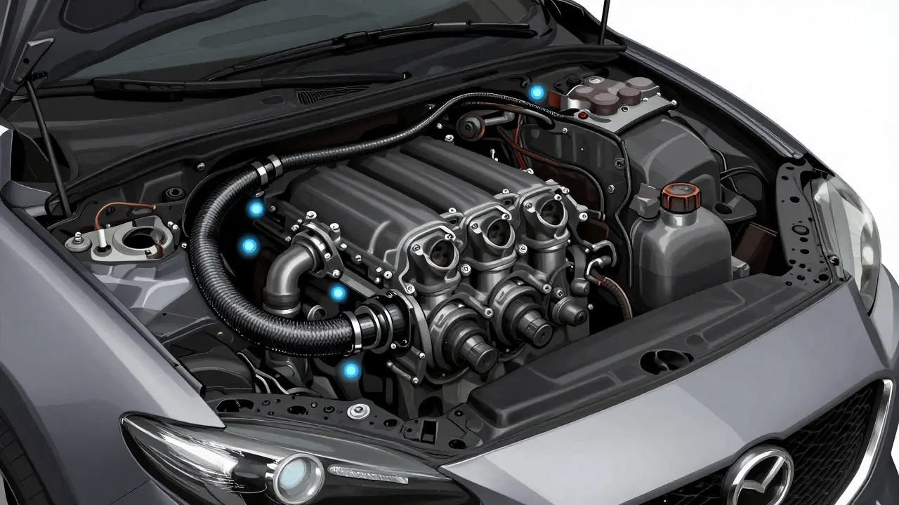 Technický náčrt motoru Mazda s viditelnými vadami: uhlík na ventilech a starý olej v převodovce.