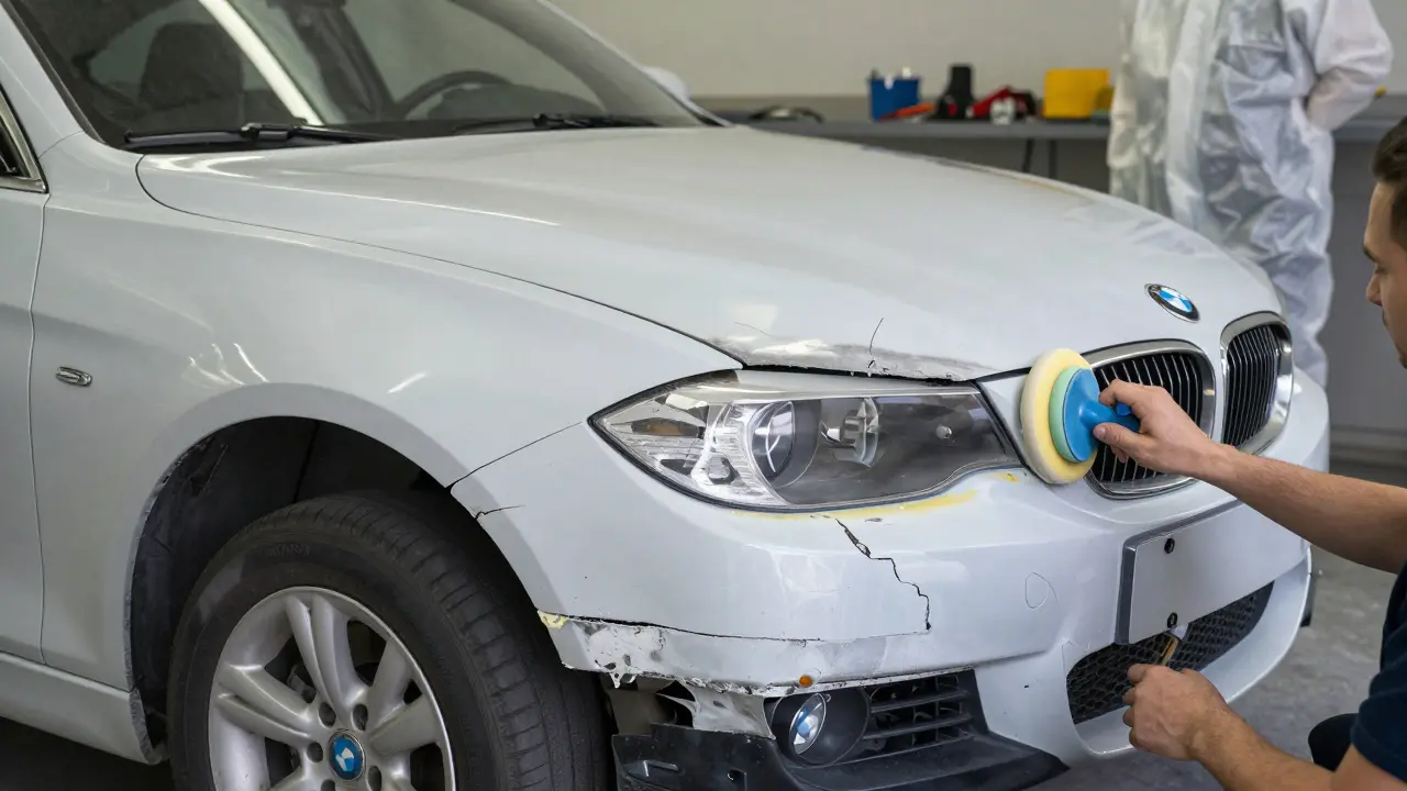 Technik opravuje praskliny na nárazníku BMW pomocí speciálního prostředku ve stínu garáže.