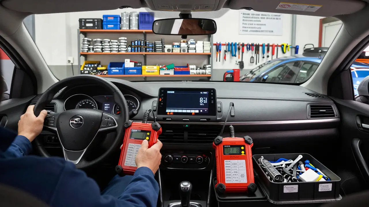 Technik používá stejný diagnostický nástroj na Opelu a Peugeotu ve servisu v Praze.