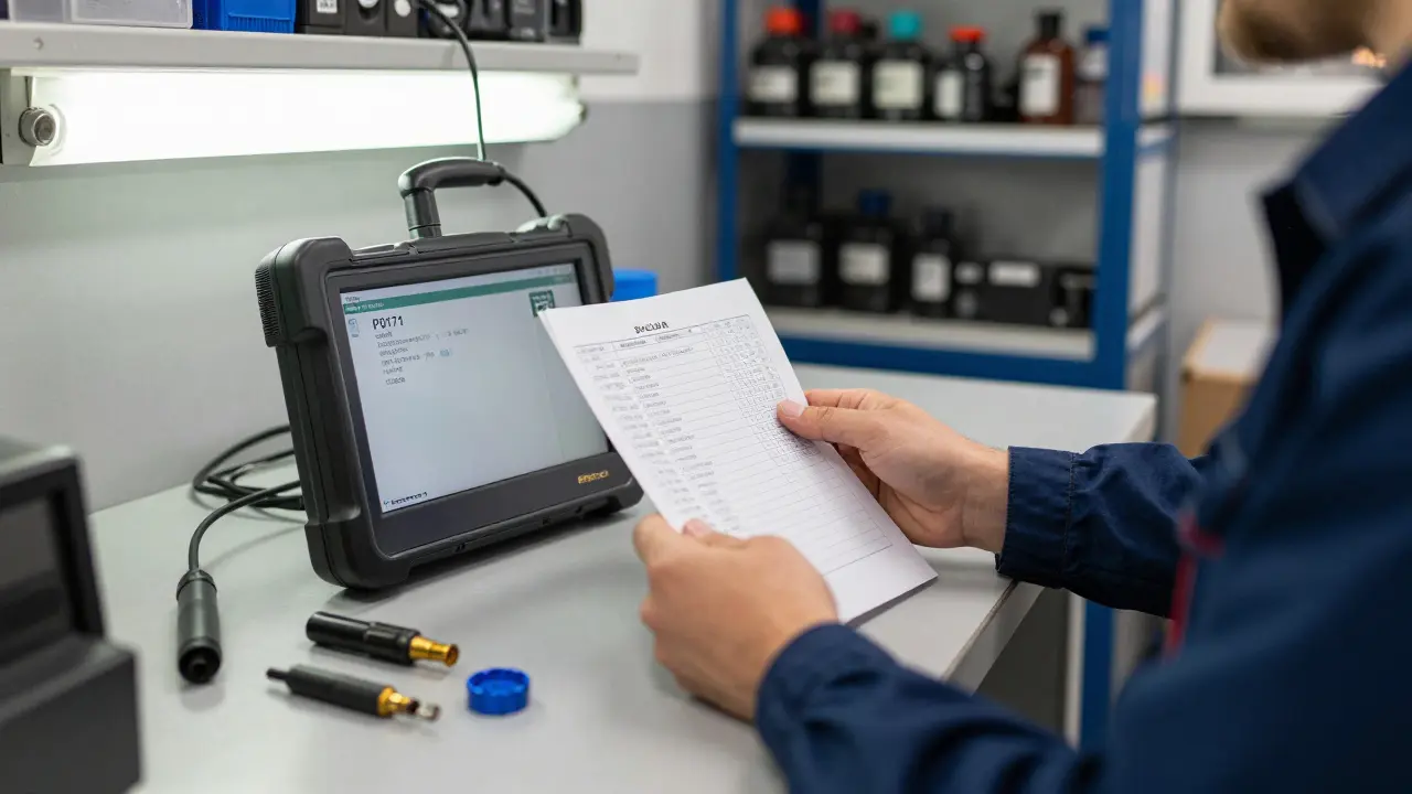 Technik připojuje diagnostický přístroj k Škodě a čte chybové kódy.