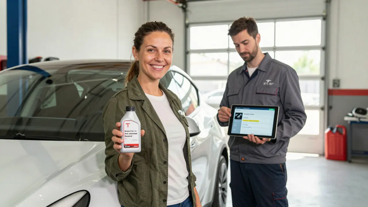 Woman beside Tesla Model Y holding transmission fluid bottle at service center.