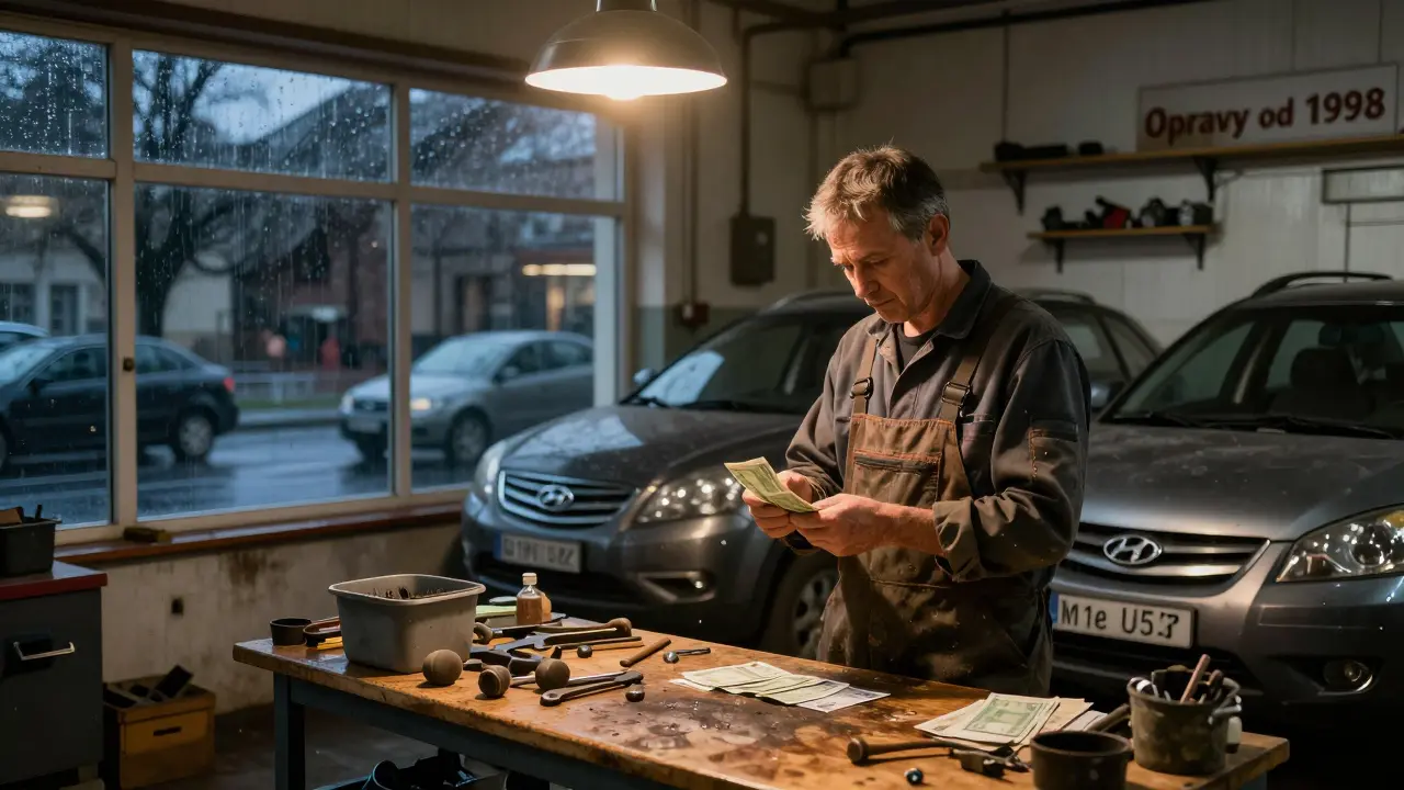 Zkušený mechanik počítá bonusy v malé dílně s staršími vozy Hyundai v Ostravě.