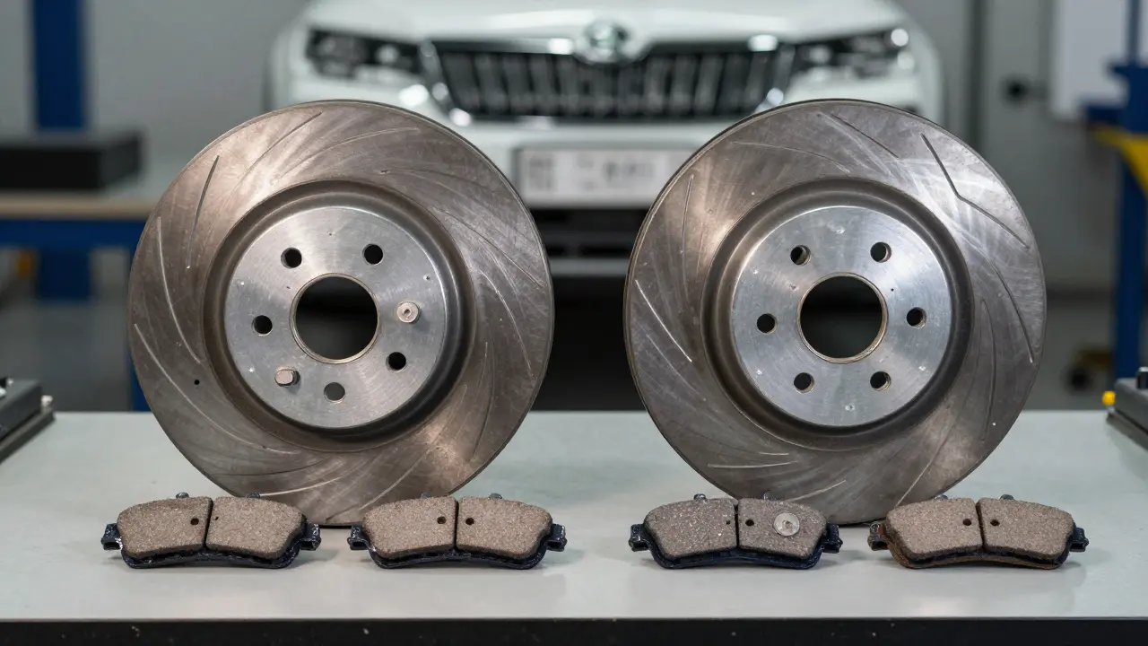 Brzdové kotouče pro Škoda Rapid a Kodiaq na pracovním stole.