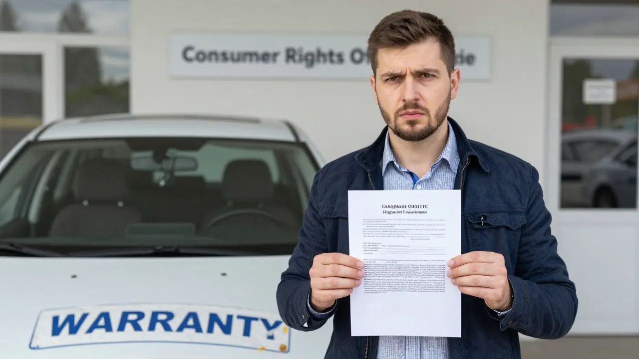 Český zákazník drží diagnostický protokol před autodealerem s právním dokumentem a autem na pozadí.