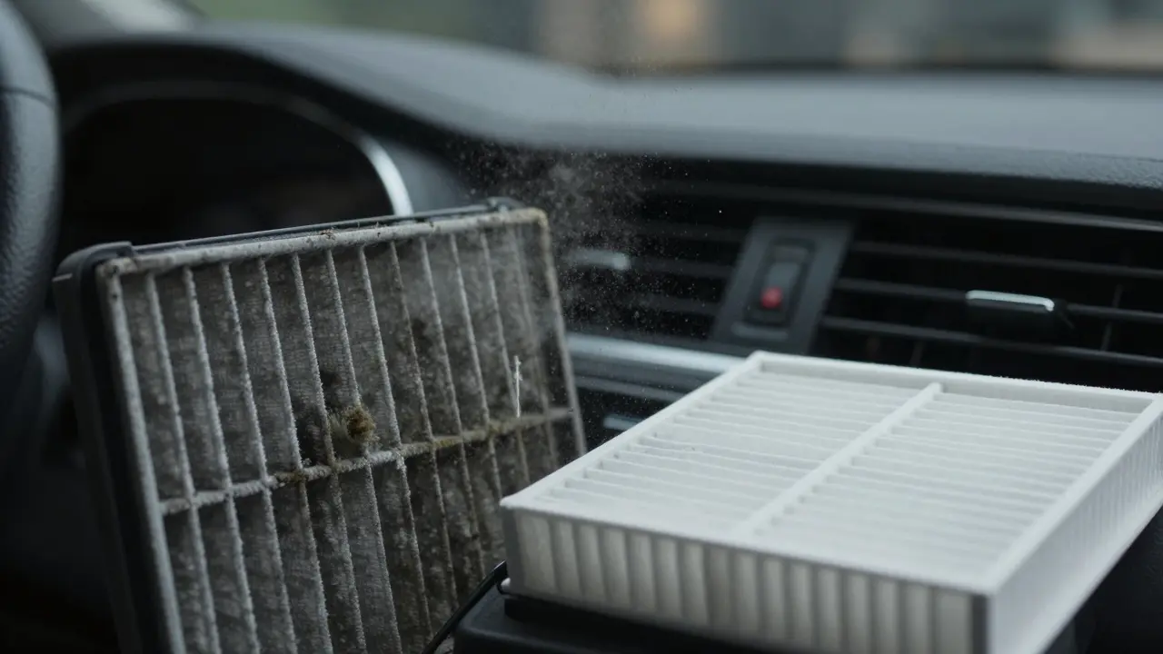 Clogged versus clean cabin air filter with dust and mold details, next to car interior vents.