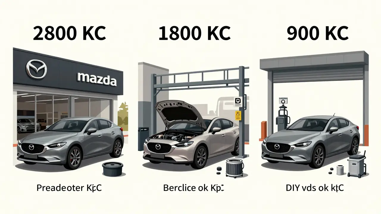Comparison of three service options for Mazda filter replacement: dealership, specialized shop, and DIY garage with price tags.