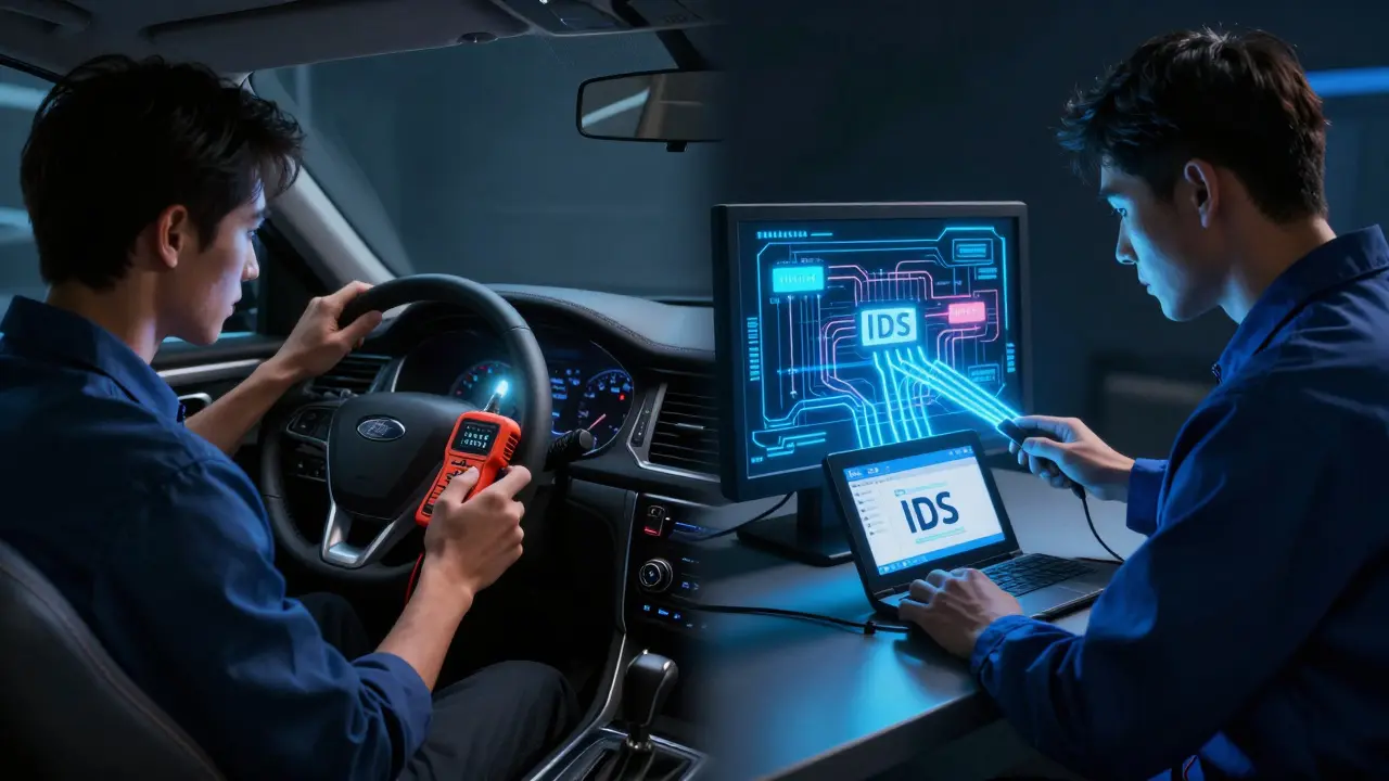 Contrast between basic OBD2 scanner and advanced Ford IDS diagnostics.