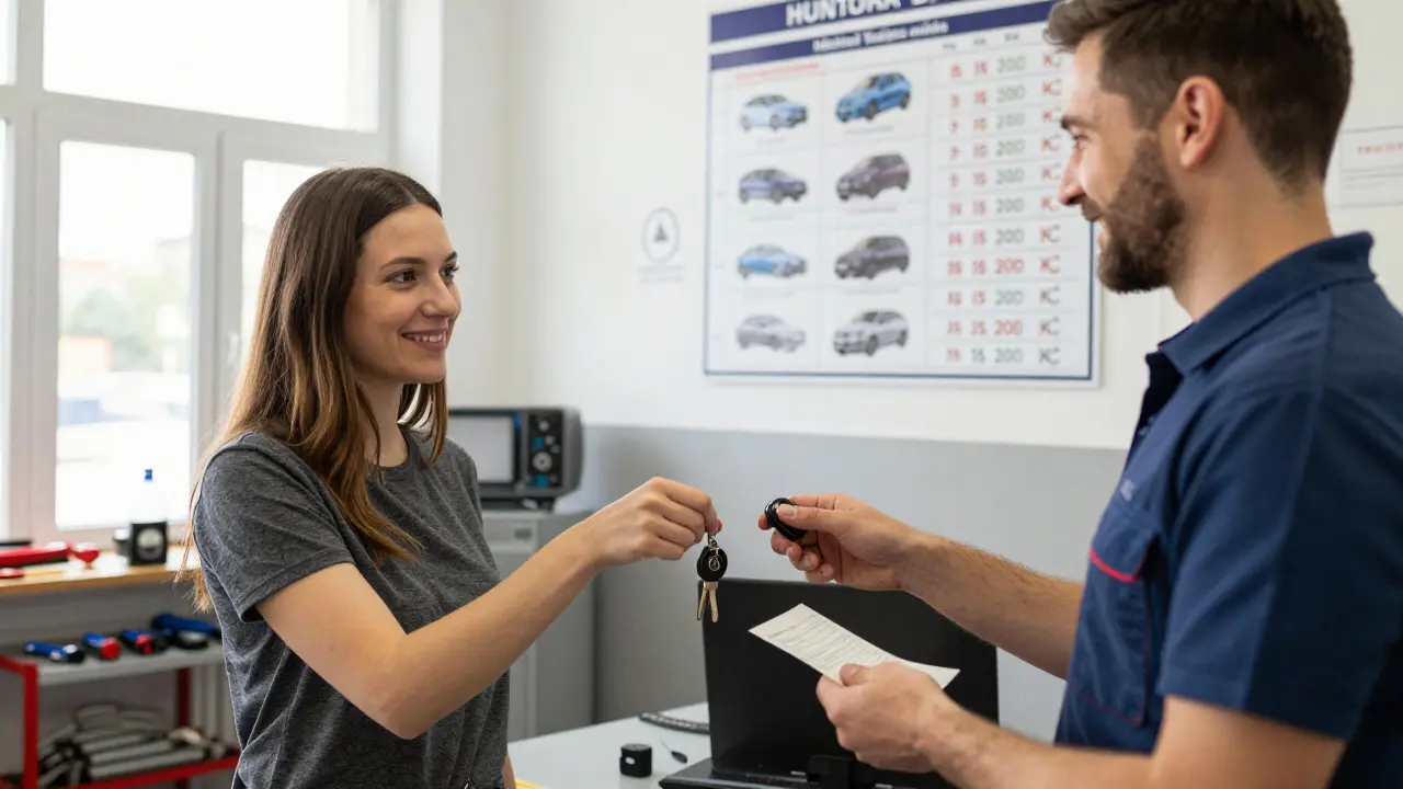 Customer handing over car keys to a technician in a Czech auto shop, with a receipt and timing belt schedule visible on the wall.