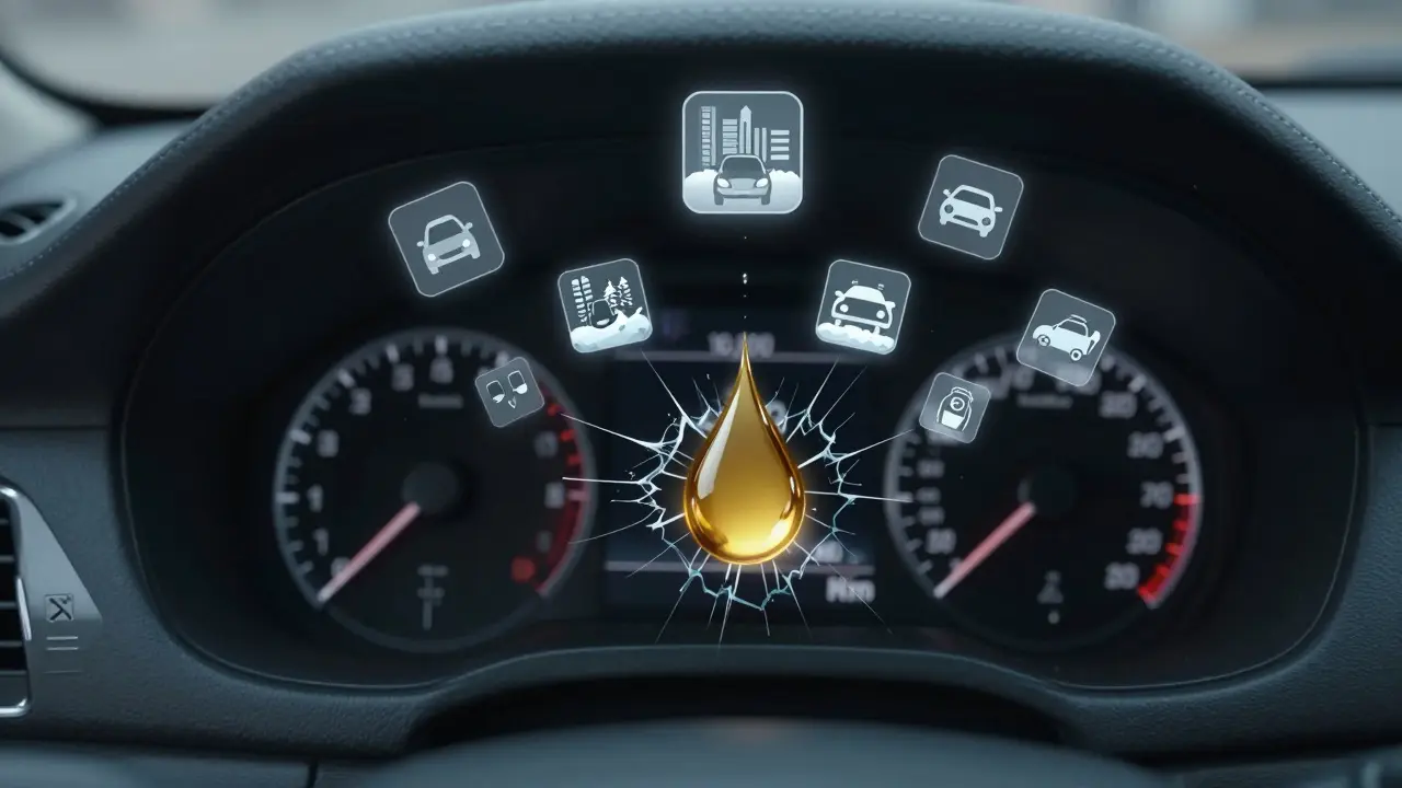 Dashboard odometer at 10,000 km with icons of city driving and cold weather