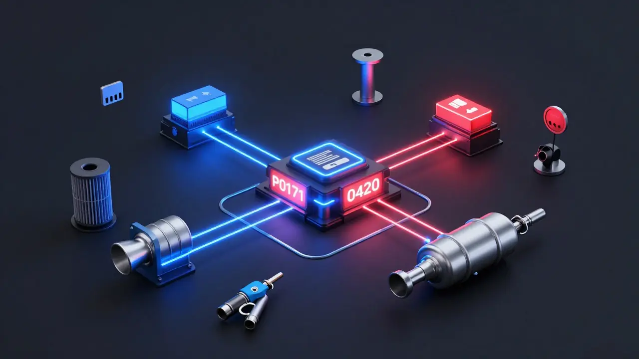 Diagram of car systems with glowing diagnostic error codes P0171 and P0420.