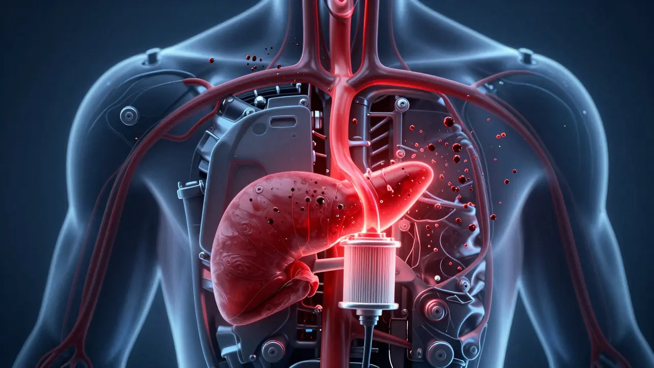 Engine as human body with oil filter shown as spleen filtering impurities from flowing oil.