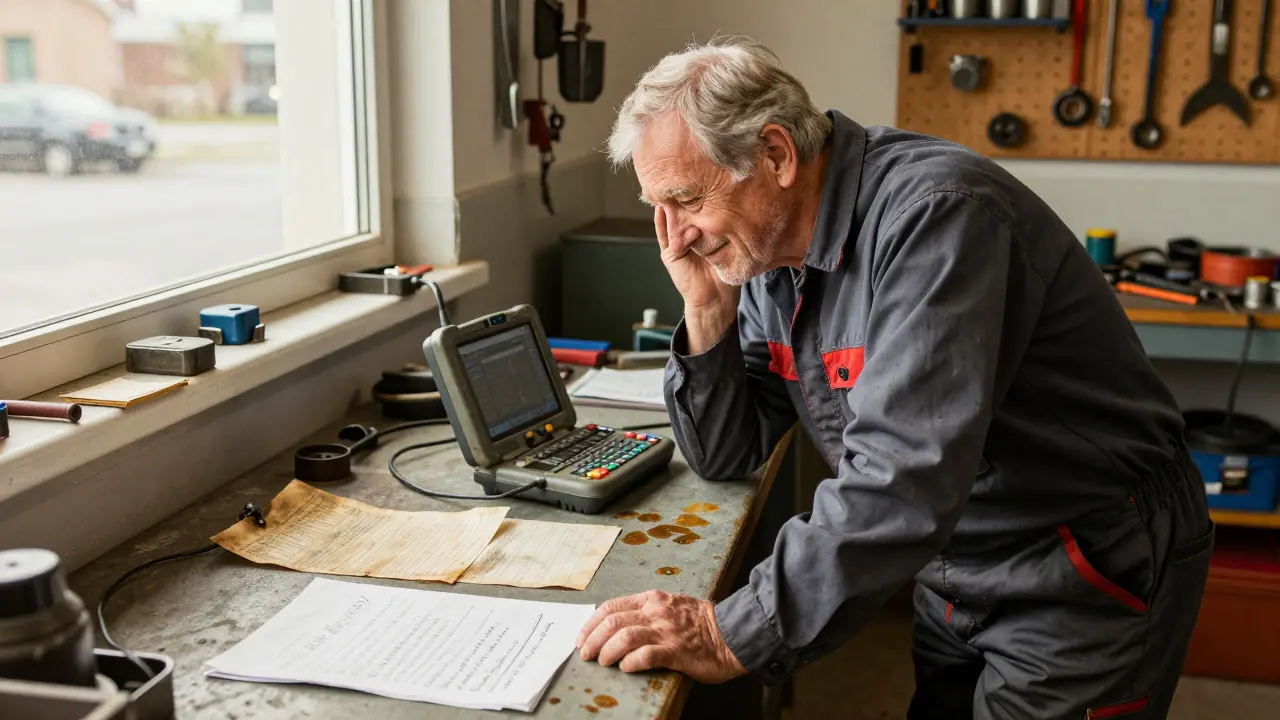 Experienced mechanic diagnosing a Ford Mondeo with traditional tools.