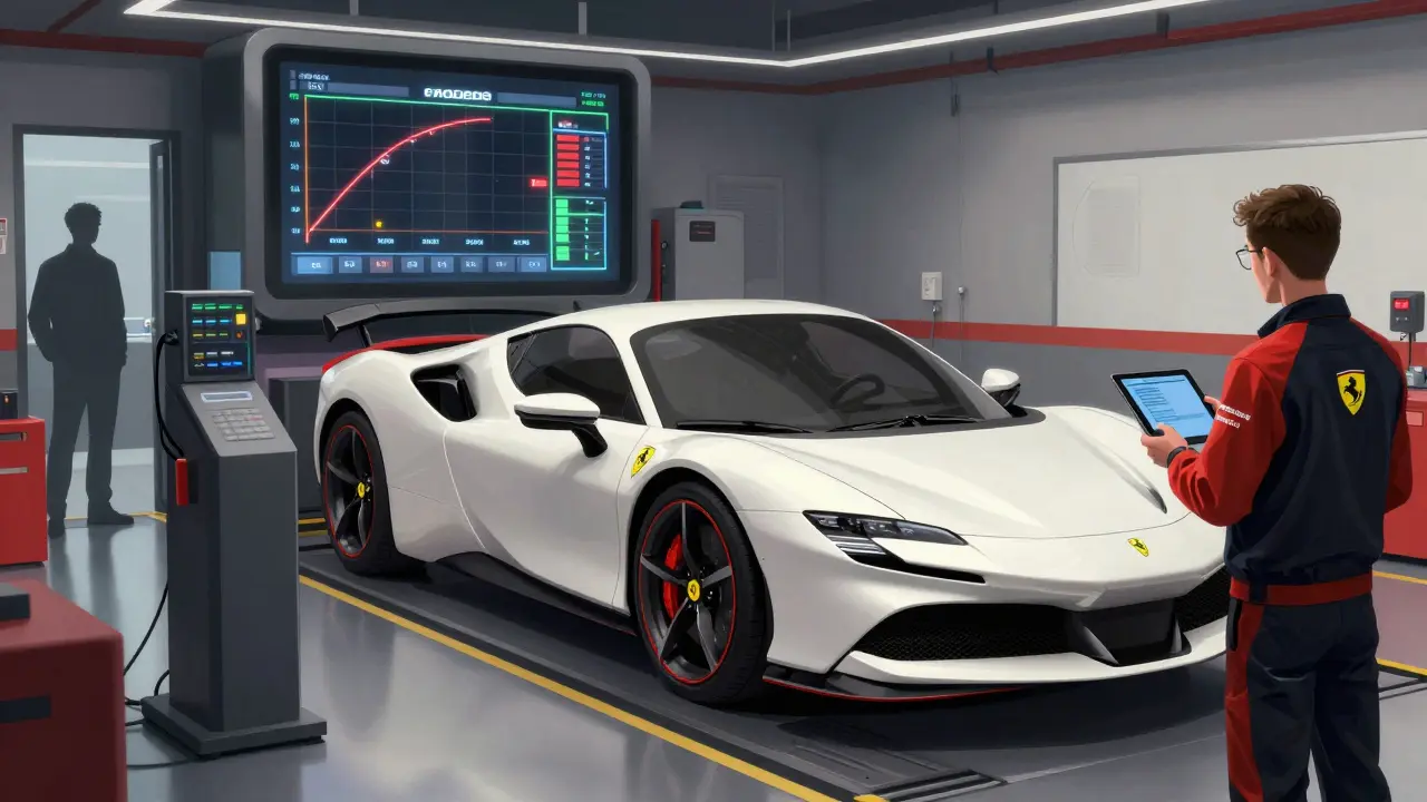 Ferrari SF90 Stradale on a dynamometer with digital performance readouts during testing.