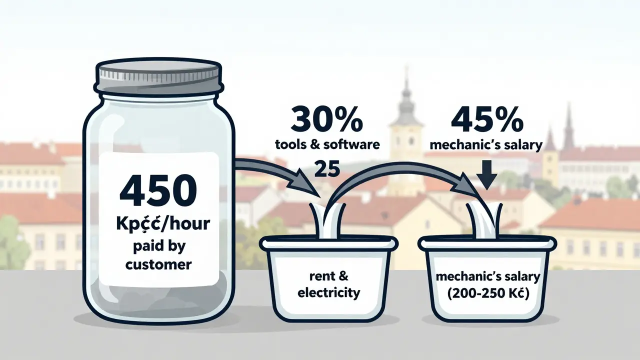 Grafické znázornění rozdělení hodinové sazby automechanika v Česku.