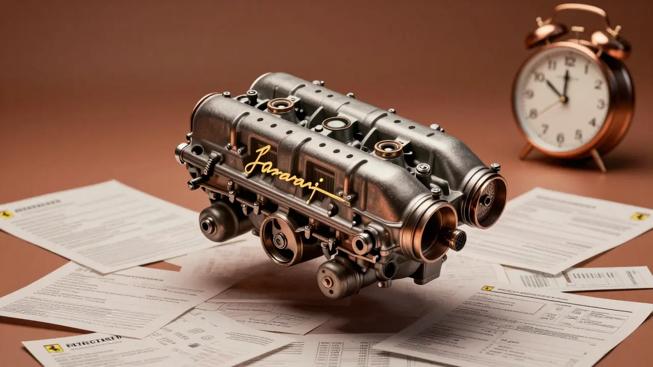 Hand-built Ferrari engine with golden signature above service receipts and a clock.