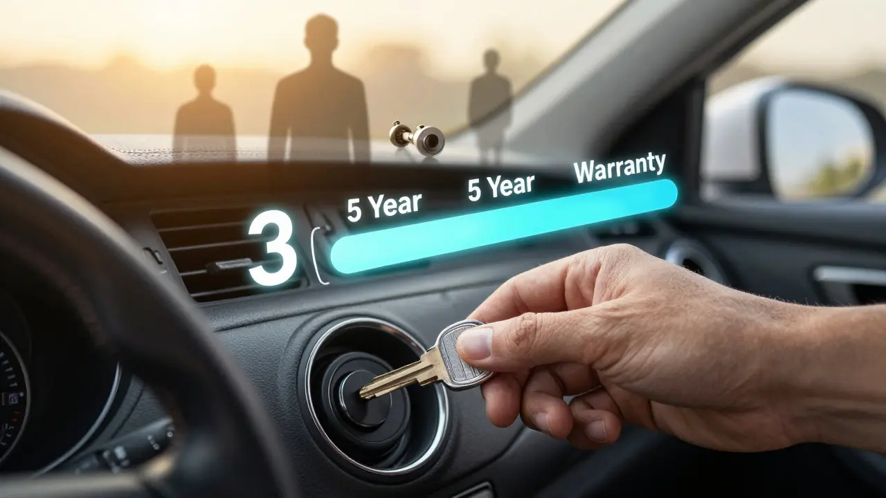 Hand inserting car key with glowing 3-year and 5-year warranty timelines above the dashboard.