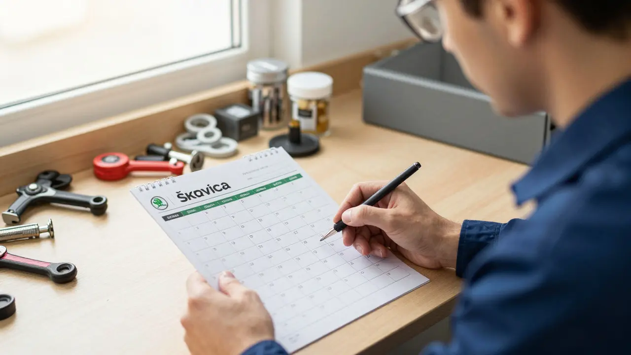 Kalendář s označenými servisními termíny v Škoda servisu.