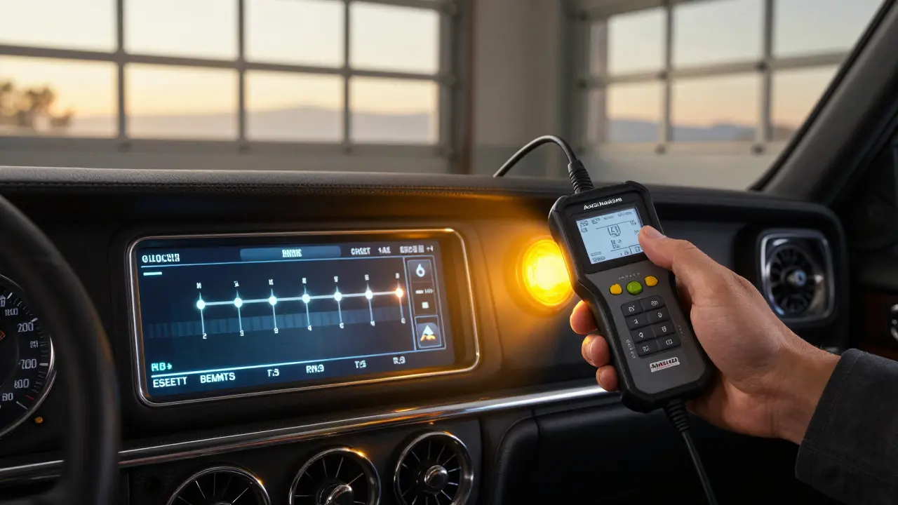 Klasická dashboard Mercedesu s měnící se kontrolkou a profesionálním diagnostickým přístrojem v ruce.