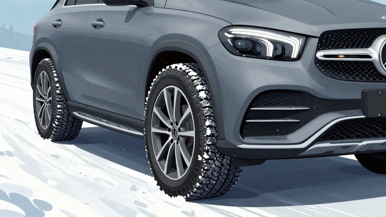 Mercedes na sněženém svahu s štěrkem a kryty na kola připravený k vyjetí