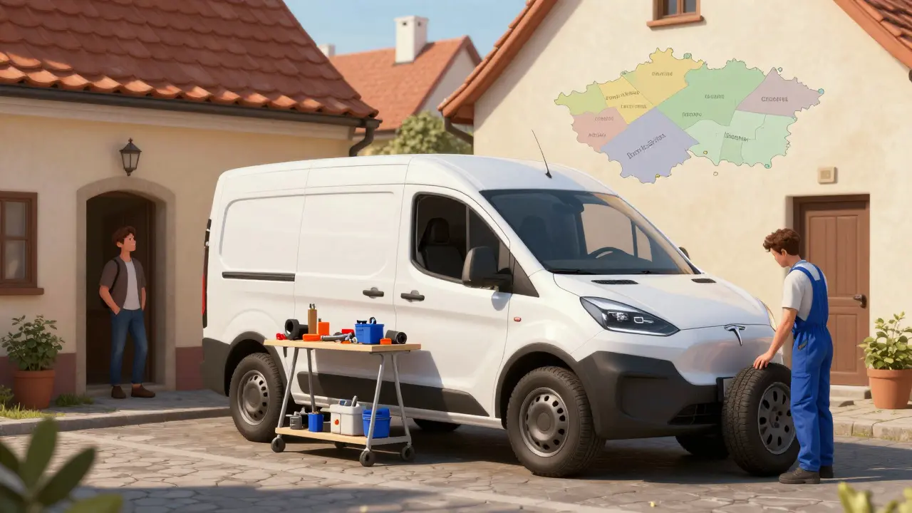 Mobilní servis Tesla v malém městě mění pneumatiku.