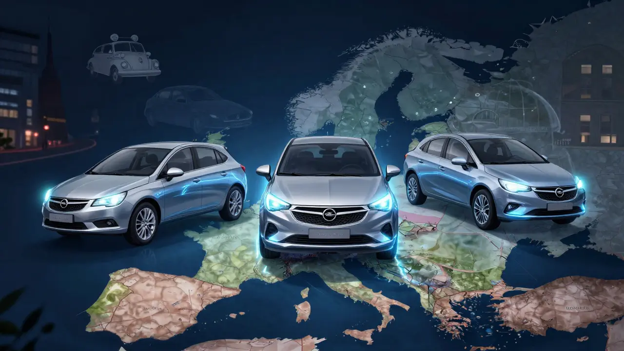 Modern Opel Corsa, Astra, and Grandland floating above Europe with glowing electric lines.