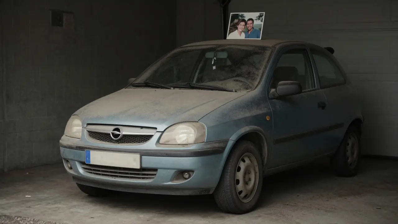 Opel Corsa zůstal v garáži nepoužitý, na tabuli stále visí fotka dřívějšího šťastného páru.