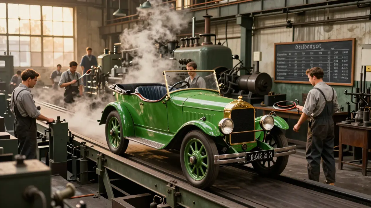 Opel Laubfrosch rolling off a conveyor belt in a 1920s German factory.