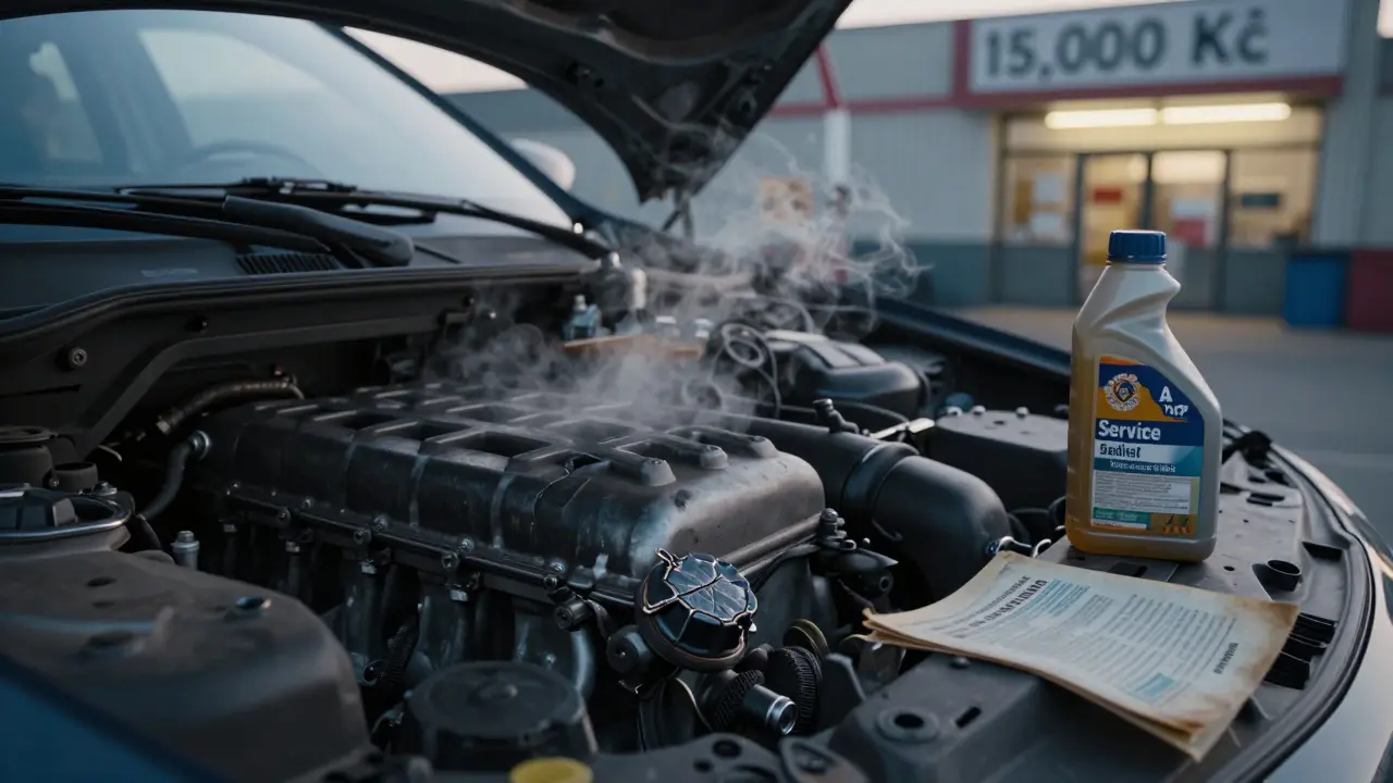 Přehřátý motor Renaultu s rozlitým olejem a otevřenou příručkou, světlo rána zvýrazňuje škody.