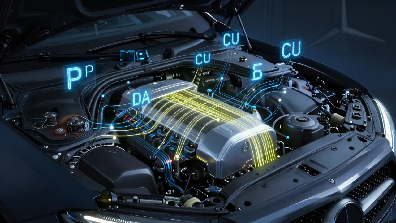 Průhledný pohled na motorový prostor Mercedesu s proudy dat a svítícími chybovými kódy.