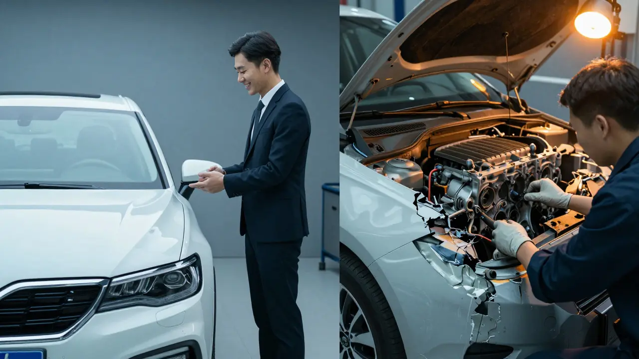 Rozdělený obraz: nové auto při předávání vs. skrytá porucha motoru odhalená v servisu.