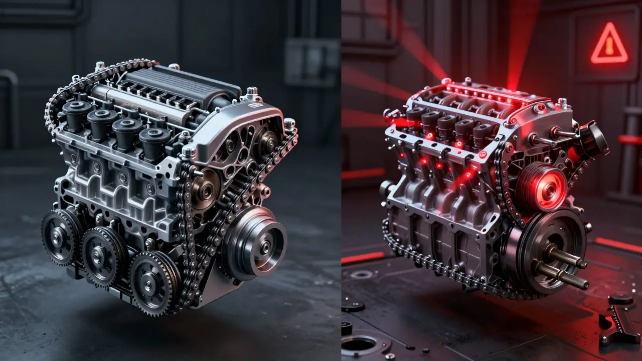 Rozdělený pohled na motor: na jedné straně bezproblémový rozvod, na druhé straně katastrofické poškození pístů a ventilů.