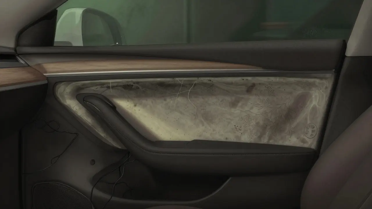 Skrytá plíseň v dveřní výztuži Tesly, viditelná přes izolaci.