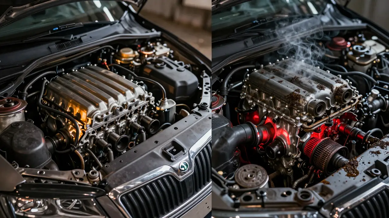 Split image: healthy engine vs. clogged engine with sludge and warning signs.