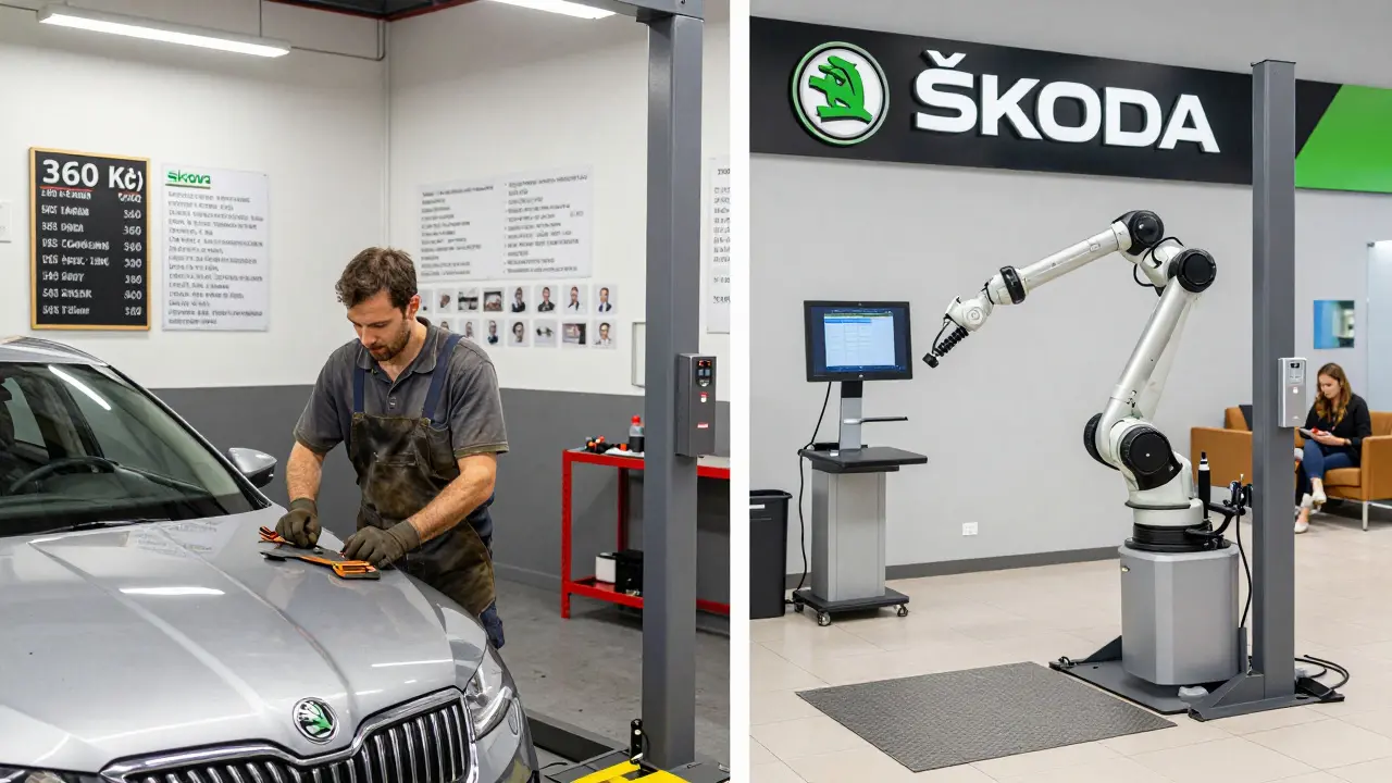 Srovnání nezávislé dílny a oficiálního servisu Škoda s různými nástroji a prostředím.
