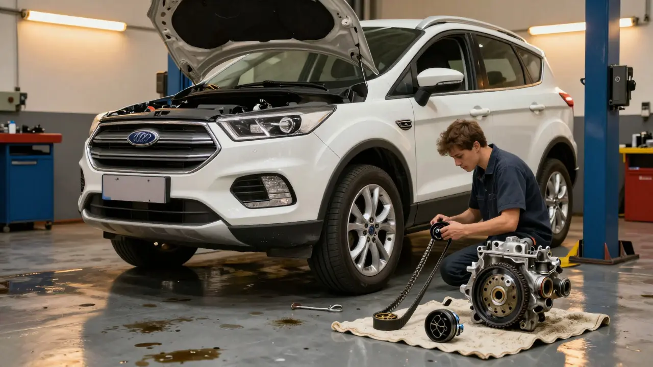 Technik instaluje nový rozvodový řemen a vodní čerpadlo do Ford Kuga v odborné dílně s originálními součástkami.