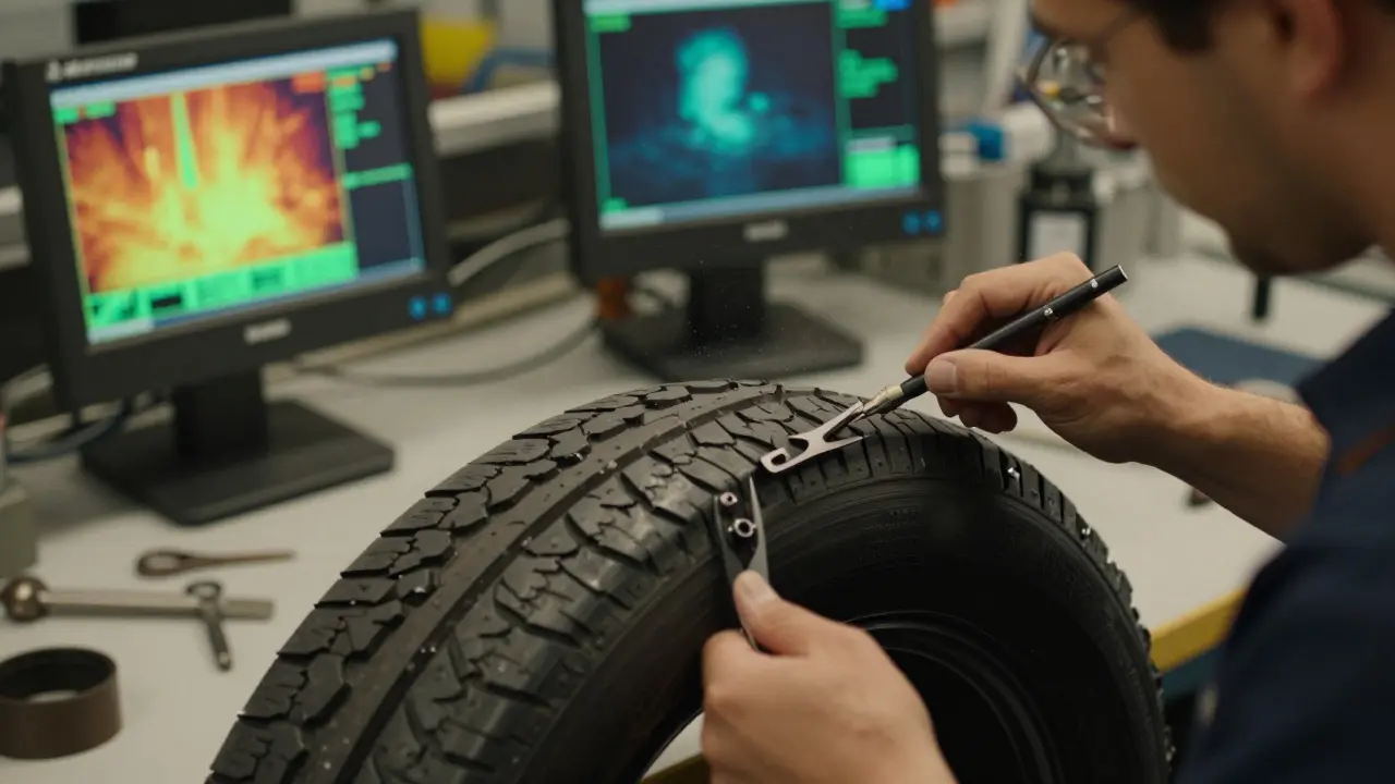 Technik ručně sestavuje pneumatiku Bugatti ve francouzské továrně Michelin s kontrolními obrazovkami