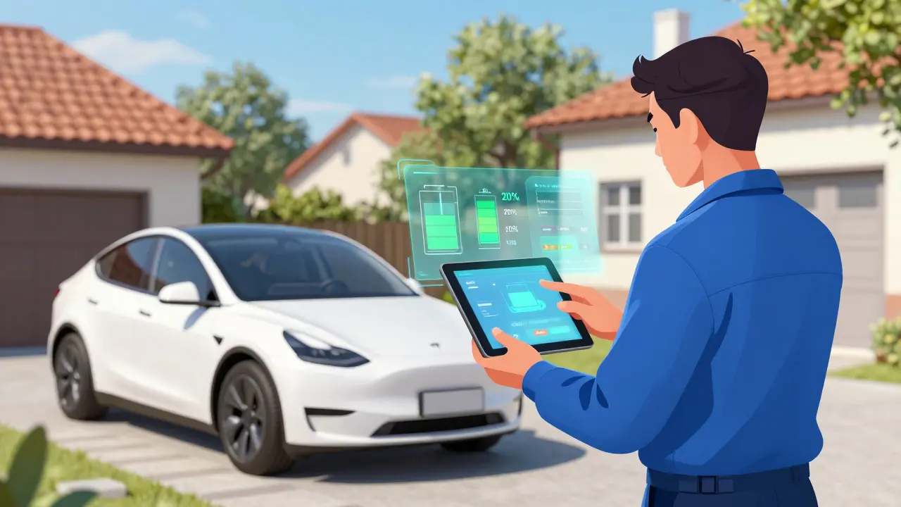 Technik vzdáleně diagnostikuje Teslu pomocí tabletu s holografickými daty.