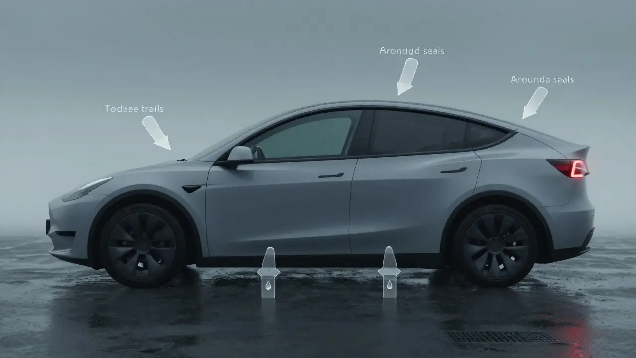 Tesla v dešti s označenými body úniku vlhkosti.