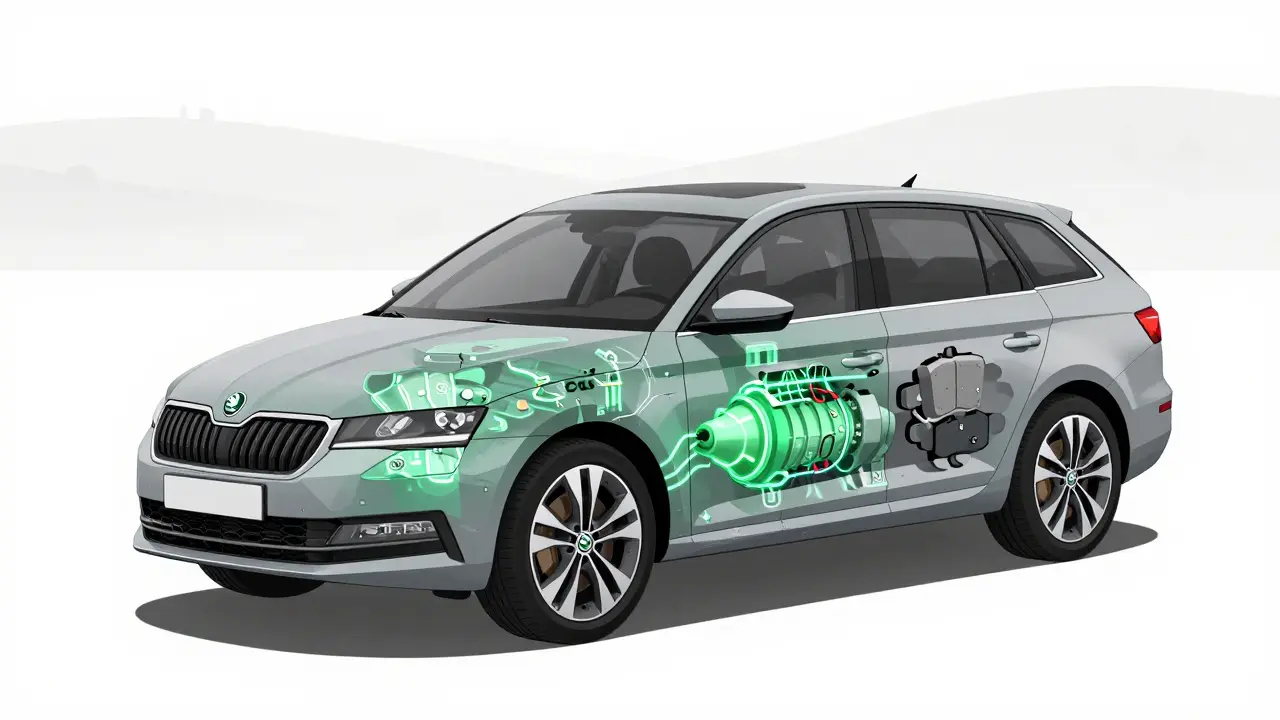 Transparent overlay on a Škoda showing covered components in green and worn parts in gray.