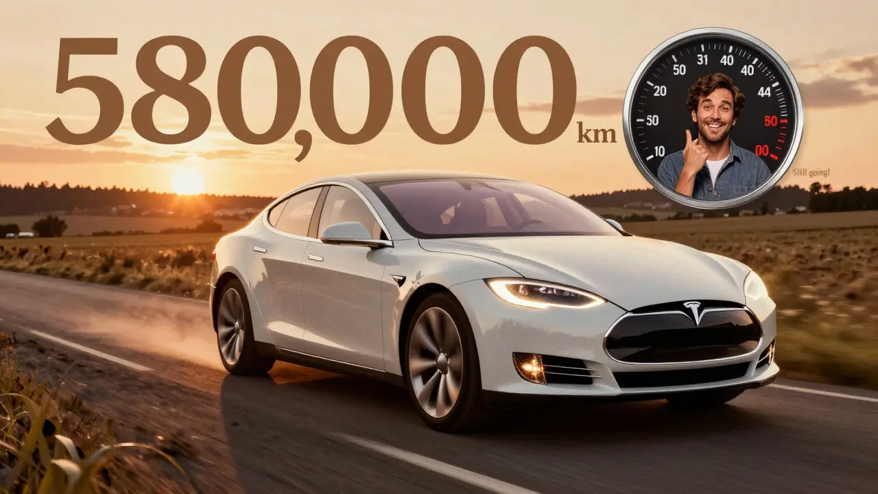 2012 Tesla Model S driving through Czech countryside with over 580,000 km on odometer.