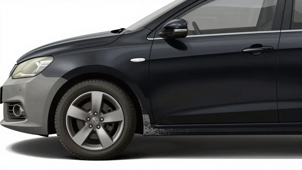 Auto ve dne s viditelnými rozdíly v barvě mezi předním nárazníkem a dveřmi, naznačujícími přelakování.