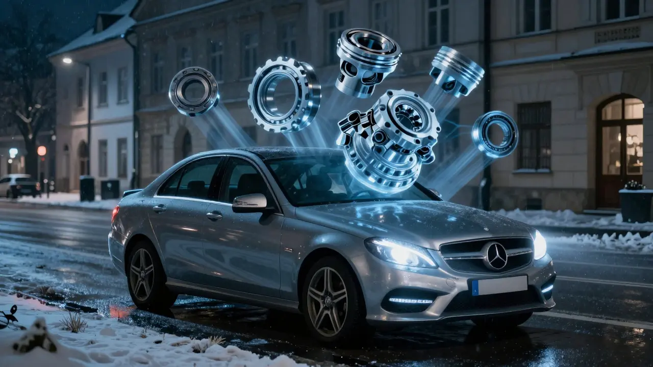 Mercedes-Benz C-Class v zimním městě s neviditelnými poškozeními motoru, která se jeví jako duchovní stíny uvnitř motoru.