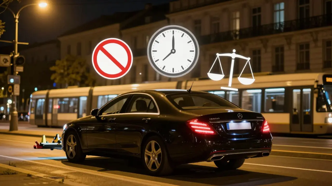 Mercedes odvážený v noci, kolem něj plavou symboly porušení parkovacích pravidel.