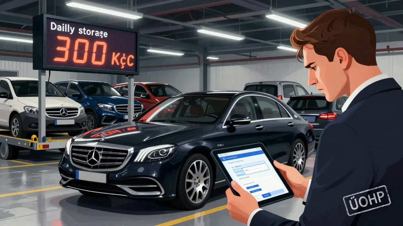 Mercedes S-Class in storage yard with digital display showing 300 Kč daily fees.