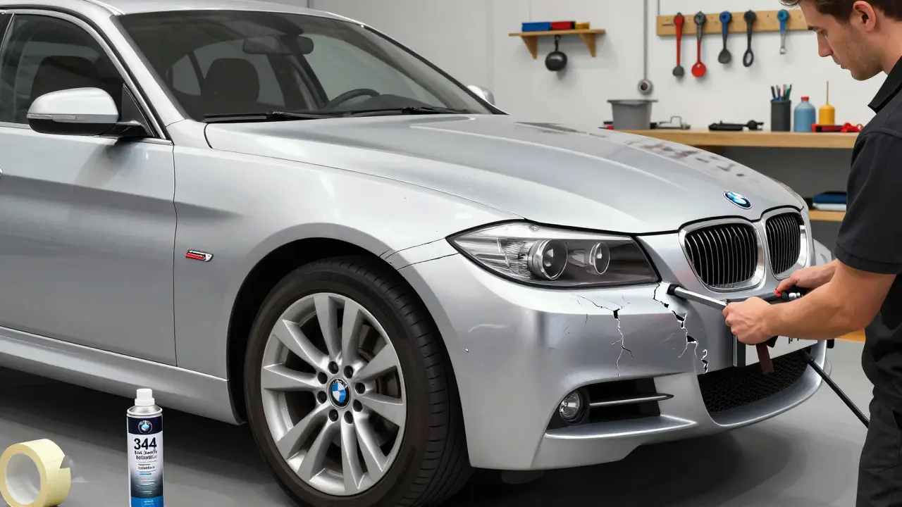 Oprava poškozeného hliníkového křídla BMW pomocí lepidla a nového originálního dílu.