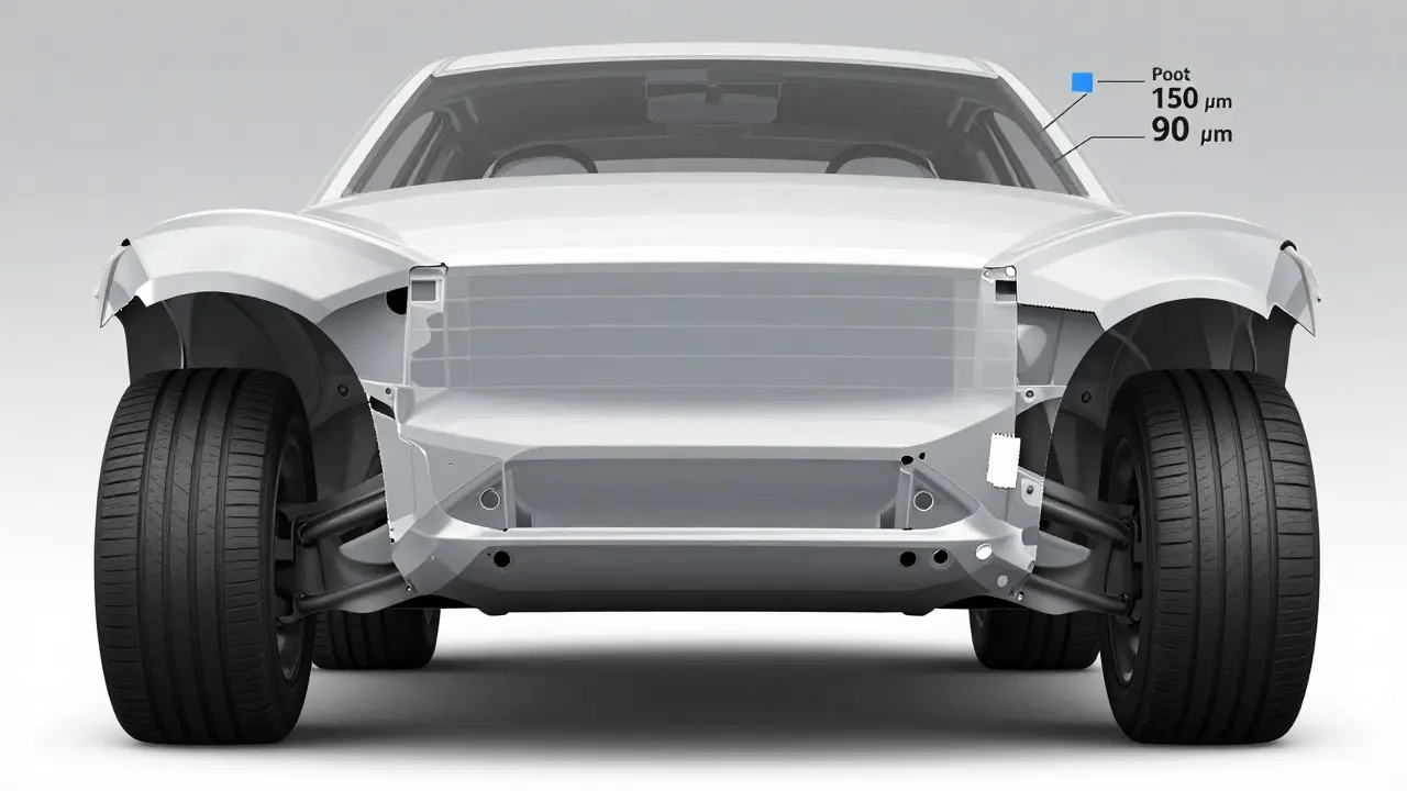 Pohled zezdola na podvozek auta s přehledem různých tlouštěk laku na křídlích a průchodech dveří.