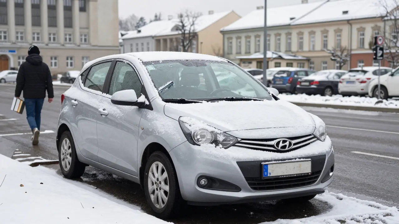 Použité Hyundai i10 v Brně v zimě s lyžicí na skle a studentem v pozadí.