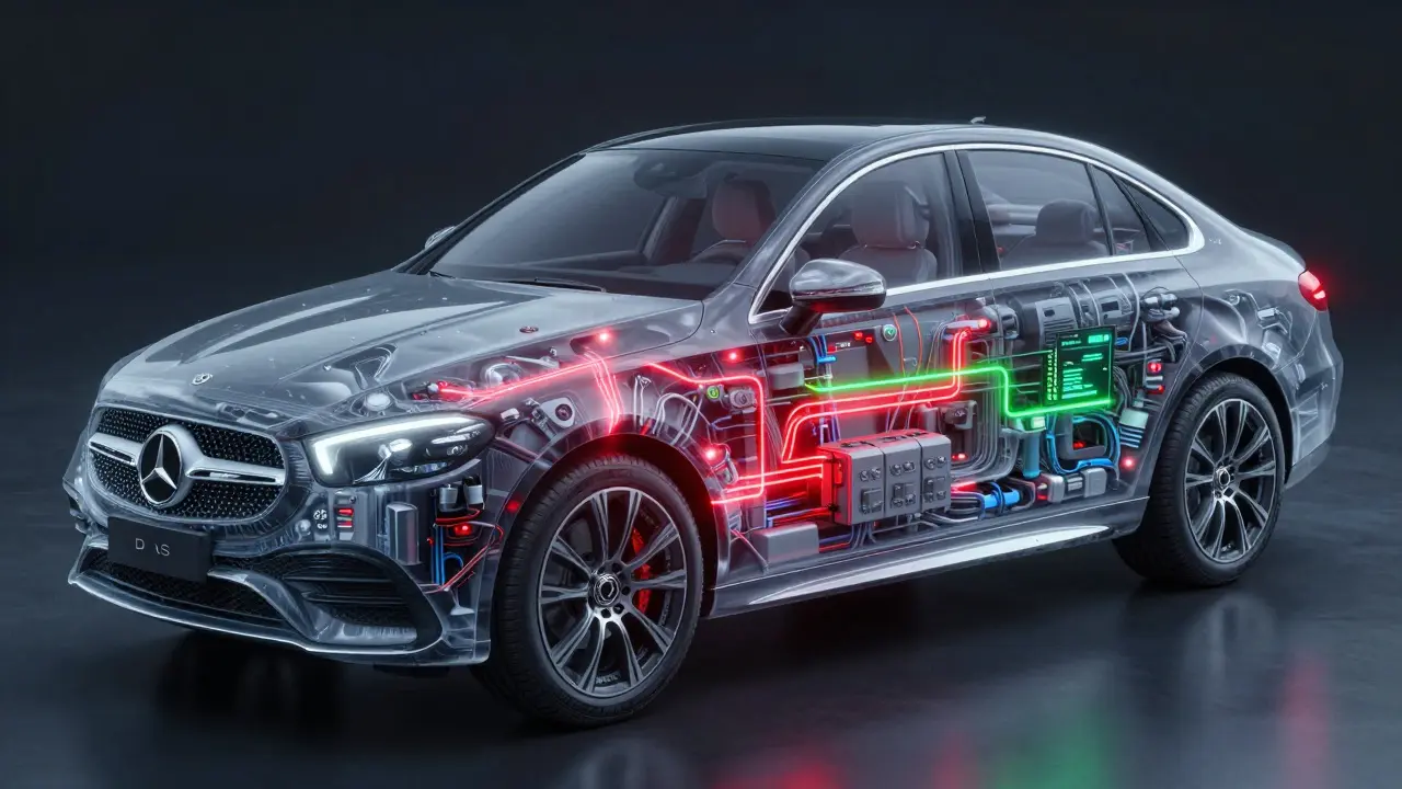 Průhledný Mercedes s vnitřními elektronickými systémy a chybnými spojeními označenými červenou světelnou čárou.